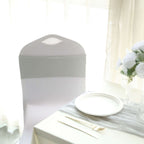 5 Pack Stretch Spandex Chair Sashes Silver - Reusable Chair Bands with Silver Diamond Ring Slide Buckle 5"x14"