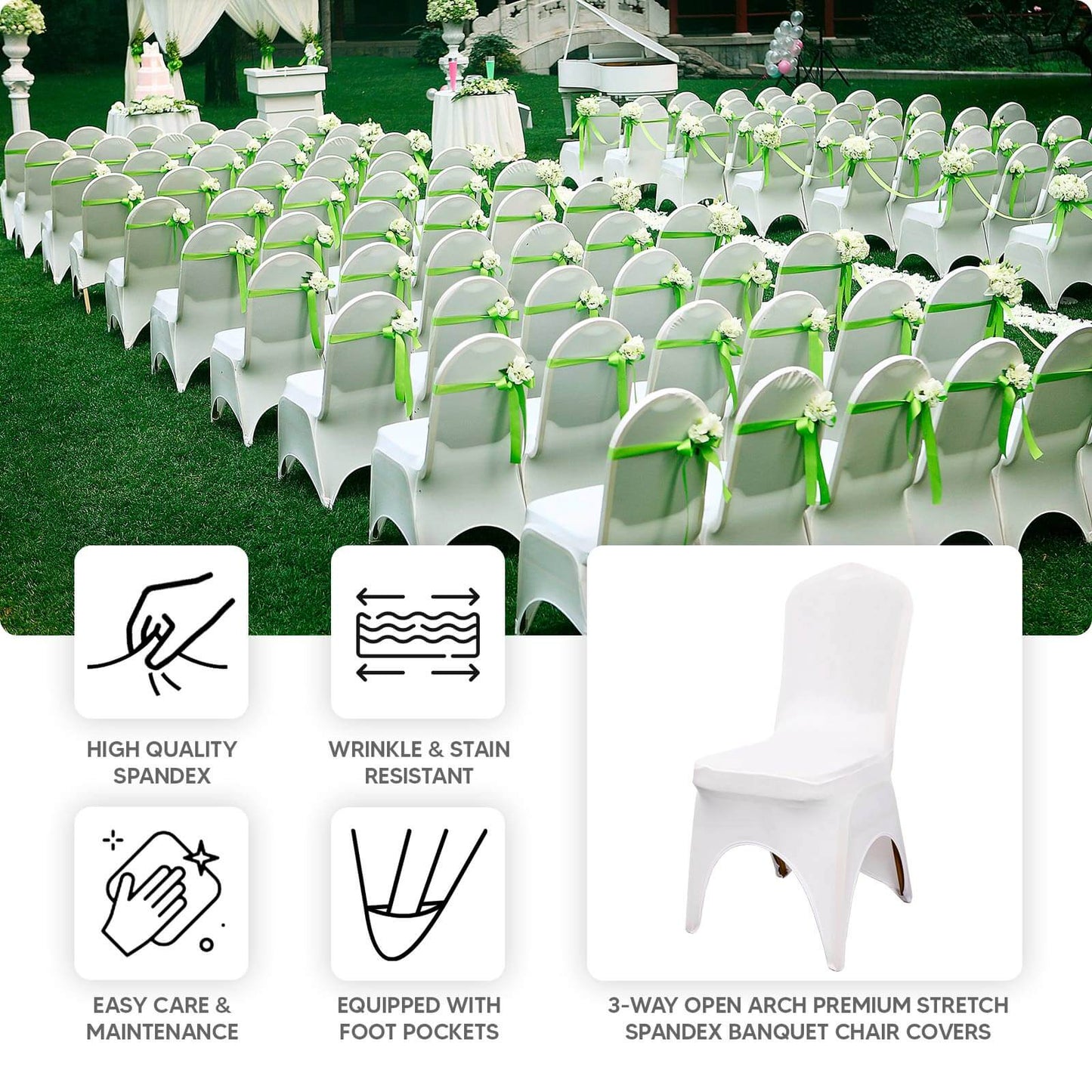 Premium Stretch Spandex Chair Cover for Banquet Chairs White - Durable Fitted 160GSM Fabric with 3 - Way Open Arch & Foot Pockets - Bell Racket Store
