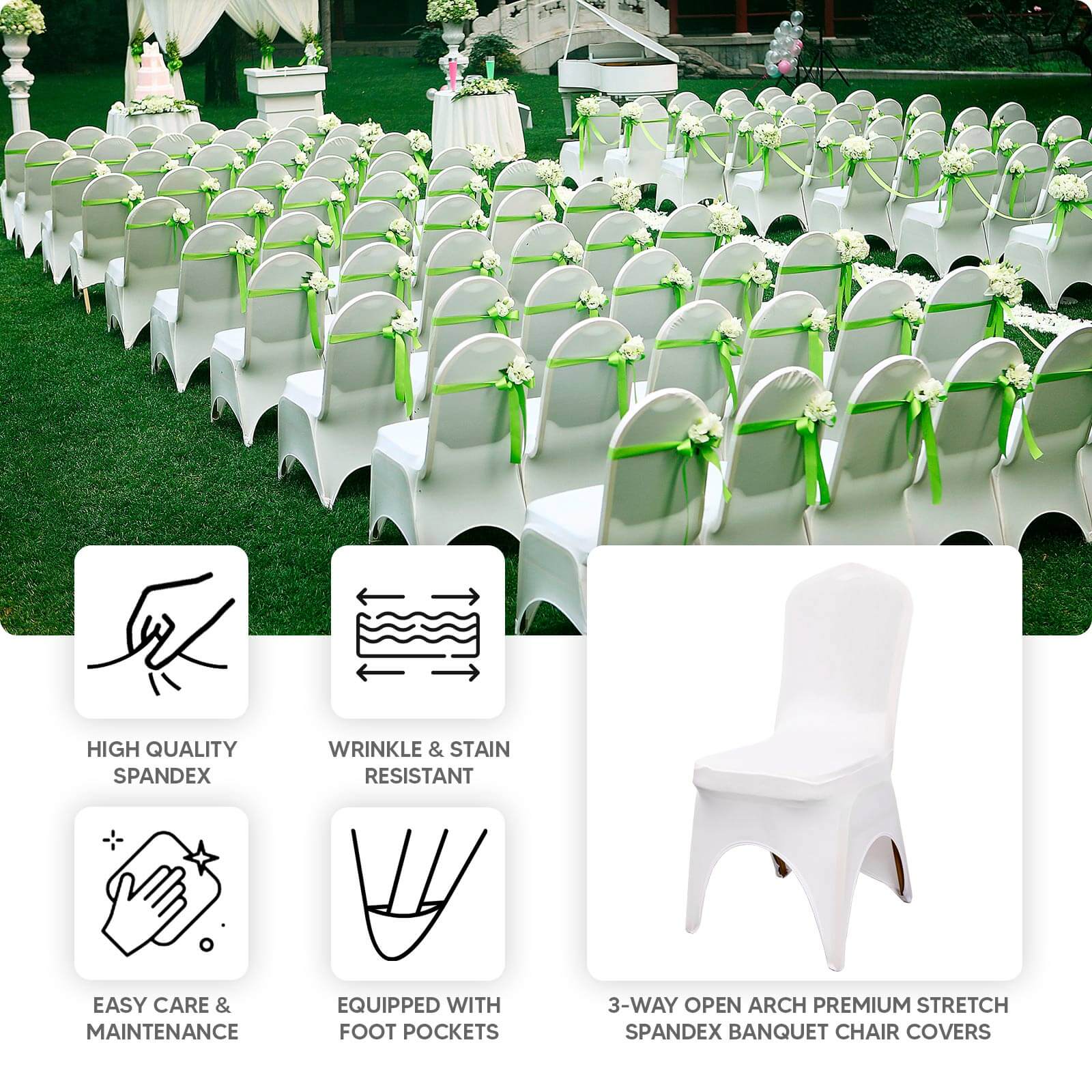 Premium Stretch Spandex Chair Cover for Banquet Chairs White - Durable Fitted 160GSM Fabric with 3 - Way Open Arch & Foot Pockets - Bell Racket Store