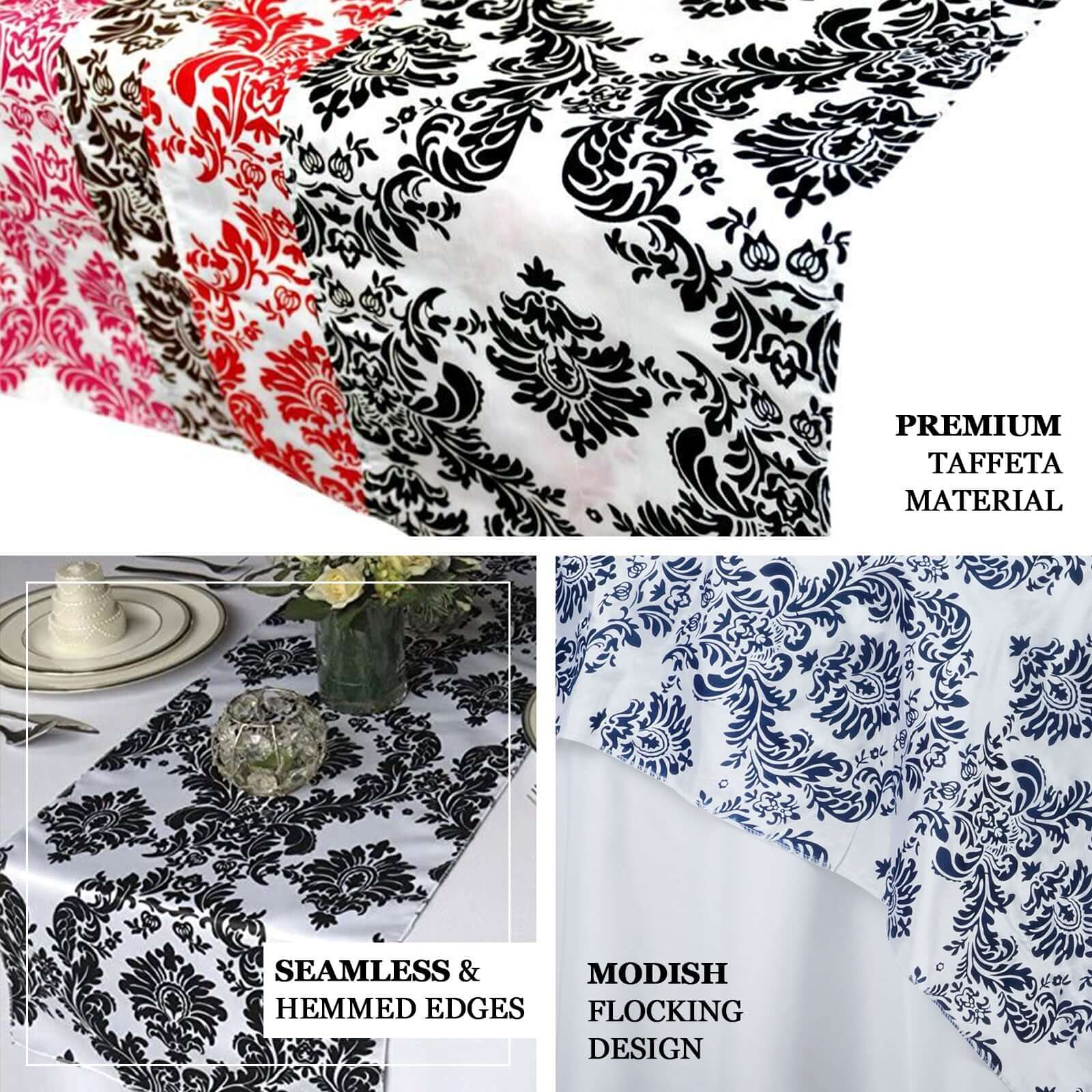 Taffeta Flocking 12"x108" Table Runner Black Damask - Stylish Table Accent