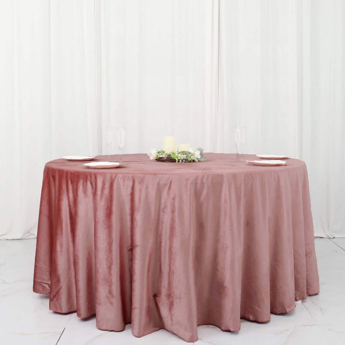 Premium Velvet 120" Round Tablecloth Dusty Rose - Reusable Soft & Seamless Table Cover - Bell Racket Store