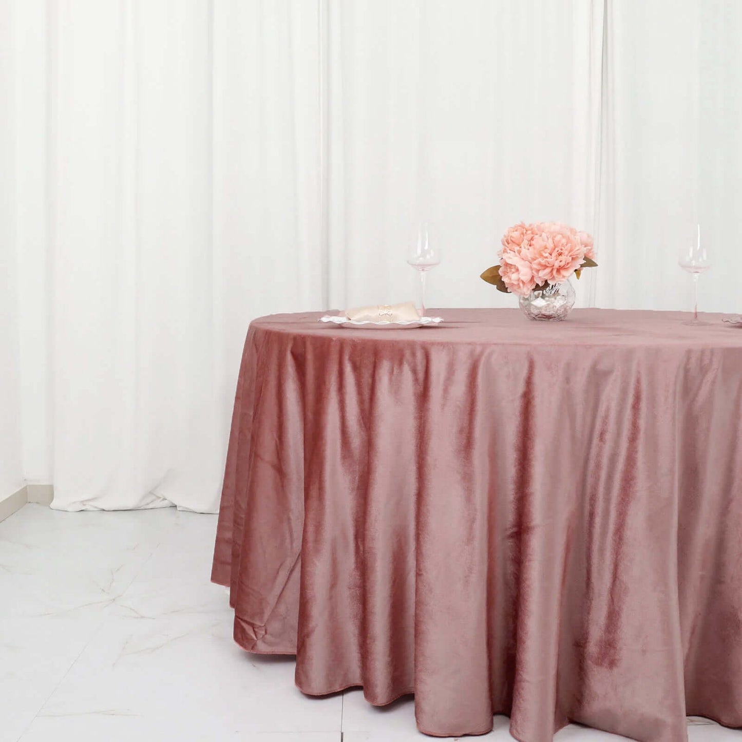 Premium Velvet 120" Round Tablecloth Dusty Rose - Reusable Soft & Seamless Table Cover - Bell Racket Store