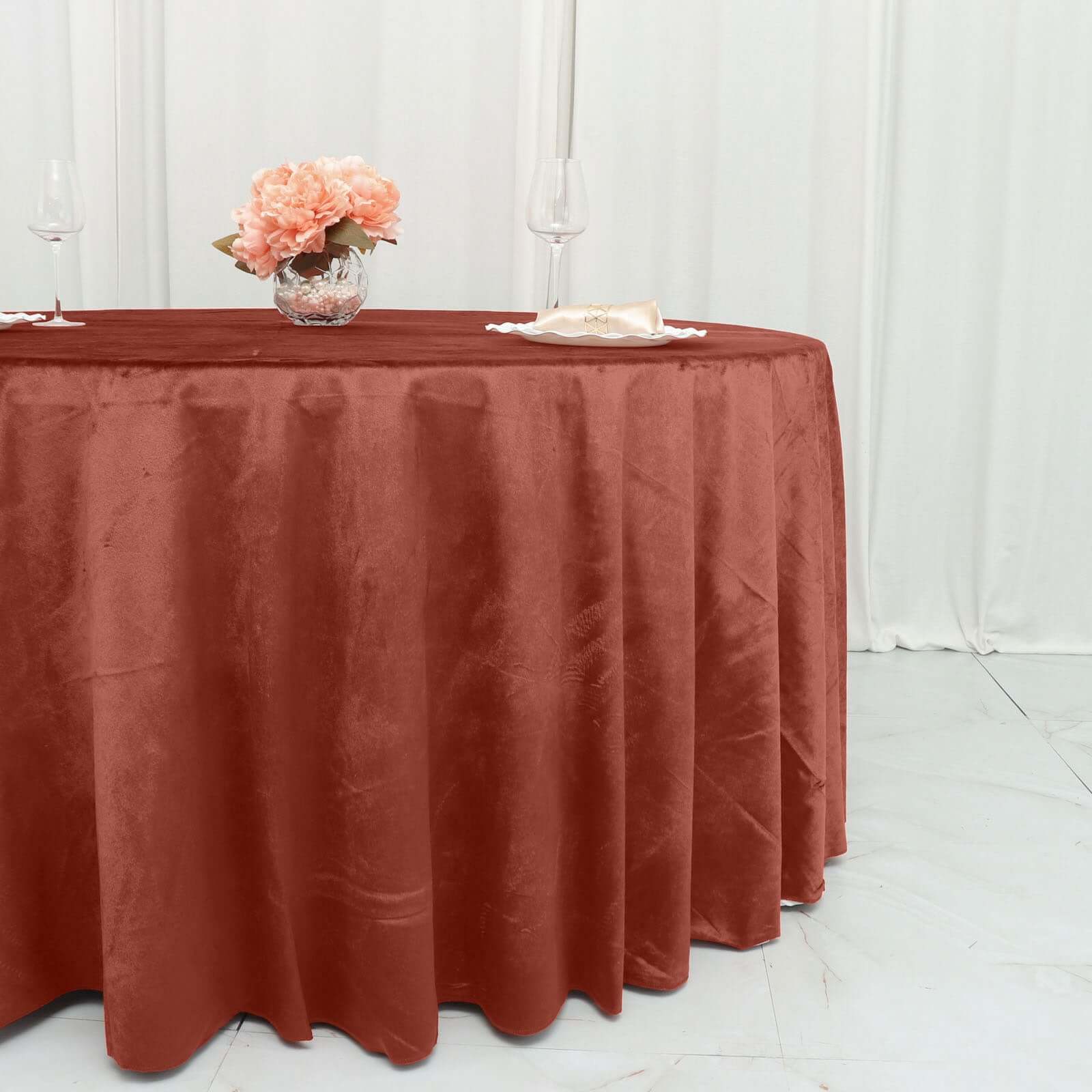 Premium Velvet 120" Round Tablecloth Terracotta (Rust) - Reusable Soft & Seamless Table Cover - Bell Racket Store