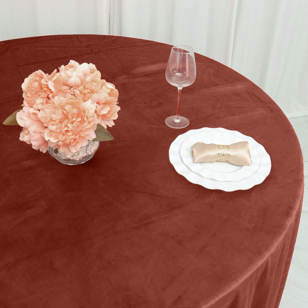 Premium Velvet 120" Round Tablecloth Terracotta (Rust) - Reusable Soft & Seamless Table Cover - Bell Racket Store