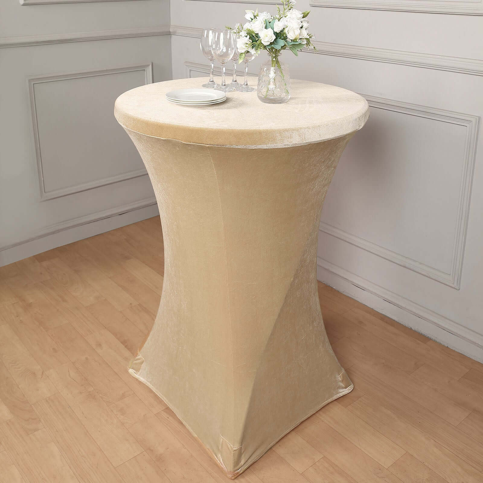 Premium Velvet Spandex 30" Round Cocktail Table Cover Champagne - Smooth Fitted Design with Foot Pockets - Bell Racket Store