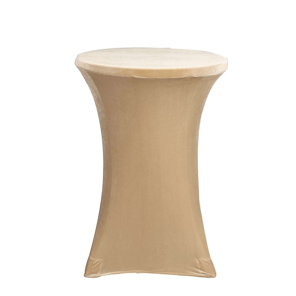 Premium Velvet Spandex 30" Round Cocktail Table Cover Champagne - Smooth Fitted Design with Foot Pockets - Bell Racket Store