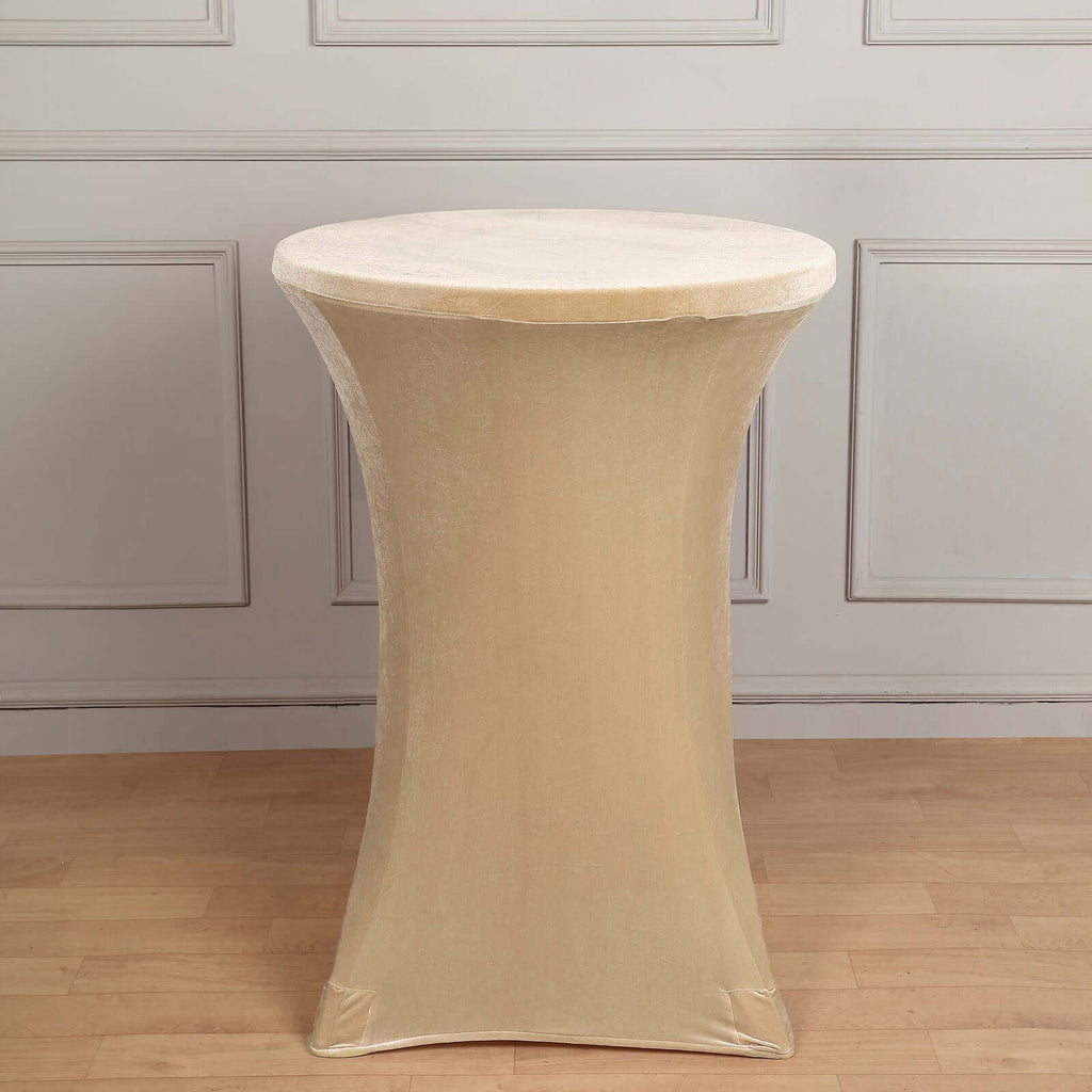 Premium Velvet Spandex 30" Round Cocktail Table Cover Champagne - Smooth Fitted Design with Foot Pockets - Bell Racket Store