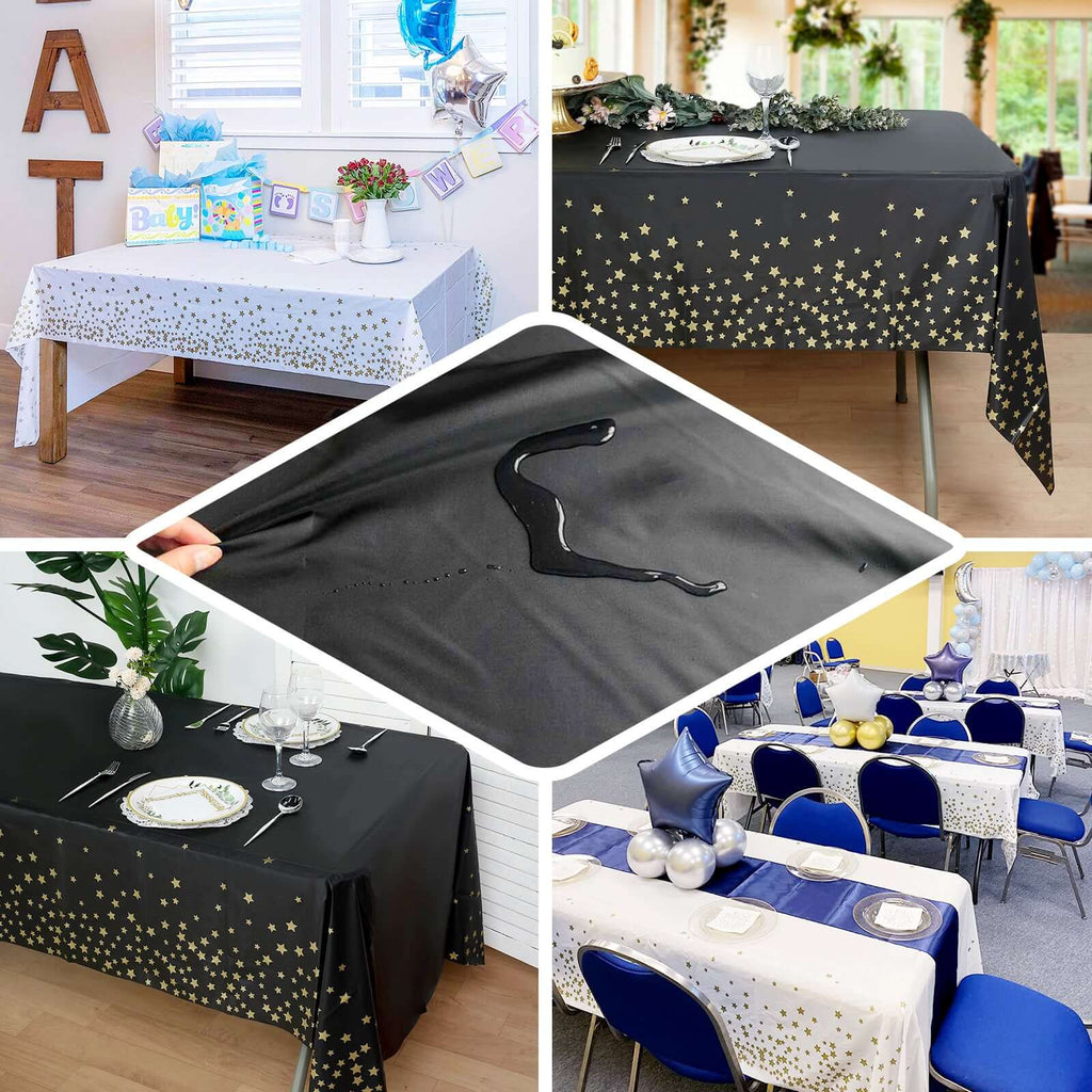 5-Pack Plastic Table Covers White Rectangle with Gold Stars - Decorative PVC Disposable Tablecloths 54"x108"