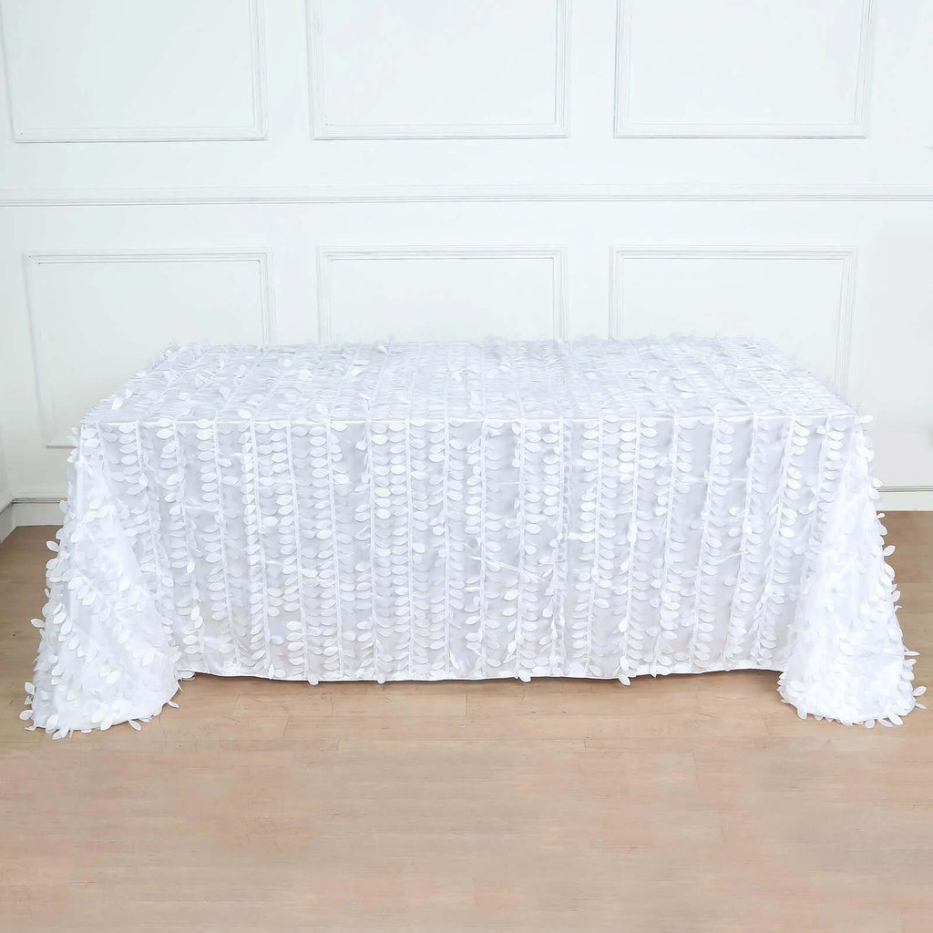 Taffeta 90"x156" Rectangle Tablecloth White | 3D Leaf Petal Design Seamless Table Cover for Stylish Wedding & Event Decor