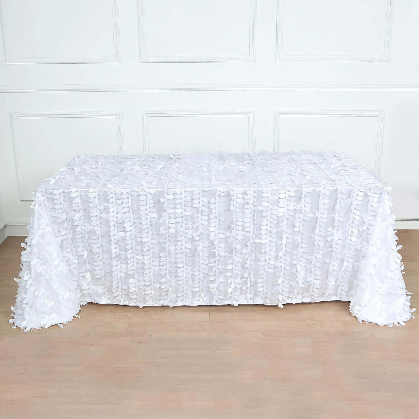 Taffeta 90"x156" Rectangle Tablecloth White | 3D Leaf Petal Design Seamless Table Cover for Stylish Wedding & Event Decor