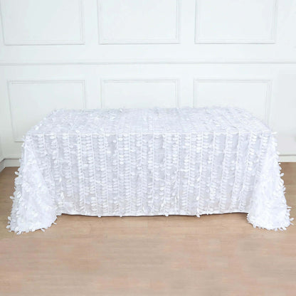 Taffeta 90"x156" Rectangle Tablecloth White | 3D Leaf Petal Design Seamless Table Cover for Stylish Wedding & Event Decor