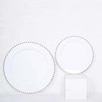 10-Pack Plastic 10" Round Dinner Plates in White with Silver Beaded Rim - Disposable Party Plates for Banquets & Festive Occasions