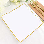 10-Pack Plastic 10" Square Dinner Plates in White Concave Style with Gold Rim - Modern Disposable Party Plates for Weddings & Special Events
