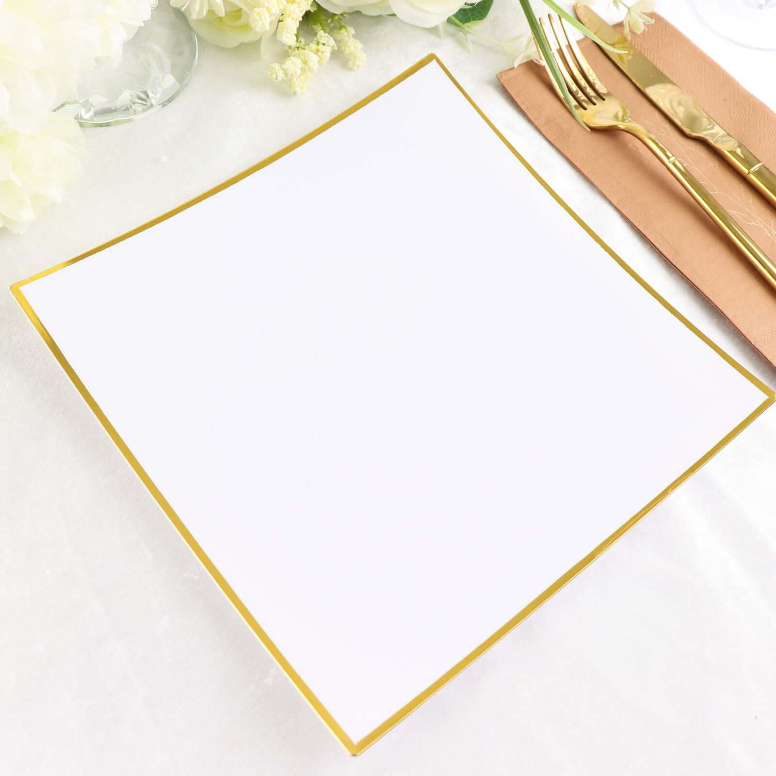 10-Pack Plastic 10" Square Dinner Plates in White Concave Style with Gold Rim - Modern Disposable Party Plates for Weddings & Special Events