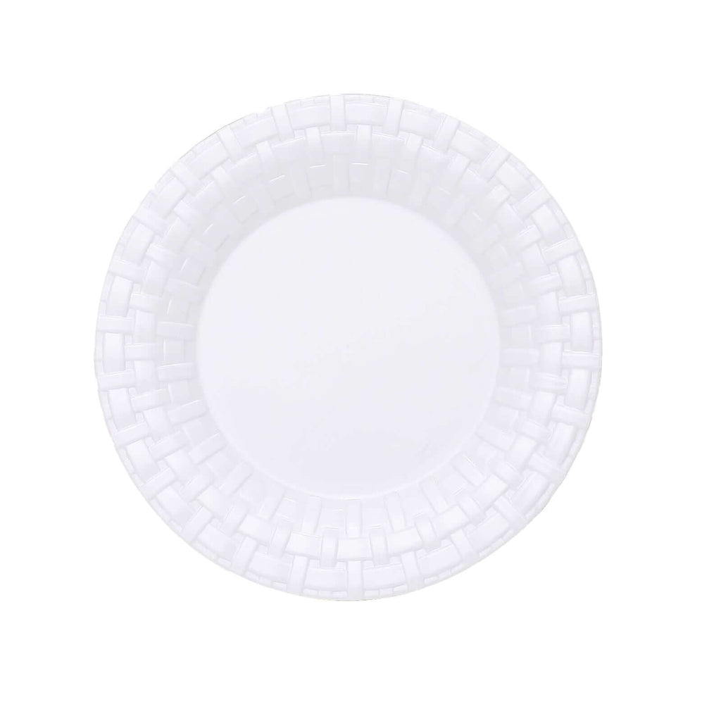 10 Pack 7" White Basketweave Rim Plastic Salad Dessert Plates, Round Disposable Appetizer Plates