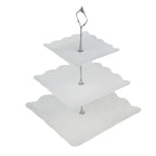 3-Tier Plastic Square Cupcake Stand Tower White - Charming Easy to Assemble Dessert Display Serving Tray Platter with Floral Embossed Scalloped Rim & Silver Handle for Tea Parties Weddings & Special Occasions 13"