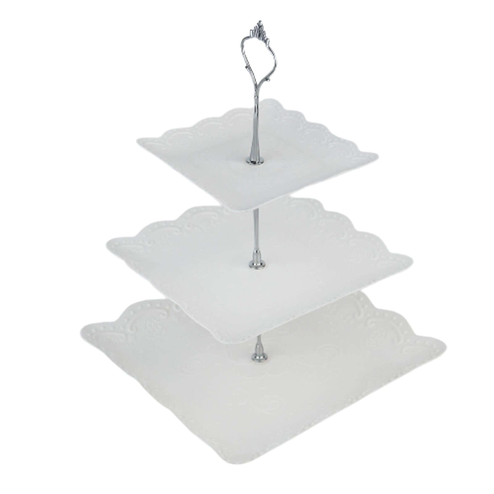 3-Tier Plastic Square Cupcake Stand Tower White - Charming Easy to Assemble Dessert Display Serving Tray Platter with Floral Embossed Scalloped Rim & Silver Handle for Tea Parties Weddings & Special Occasions 13"