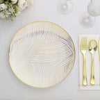 10-Pack Plastic 10" Round Dinner Plates in White with Gold Wave Brush Strokes Pattern - Disposable Party Plates for Modern & Classy Table Decor
