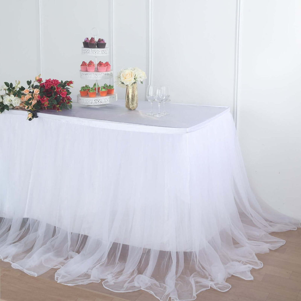 Extra Long Tulle 14ft Table Skirt White with Satin Edge - Table Cover for Baby Showers & Events