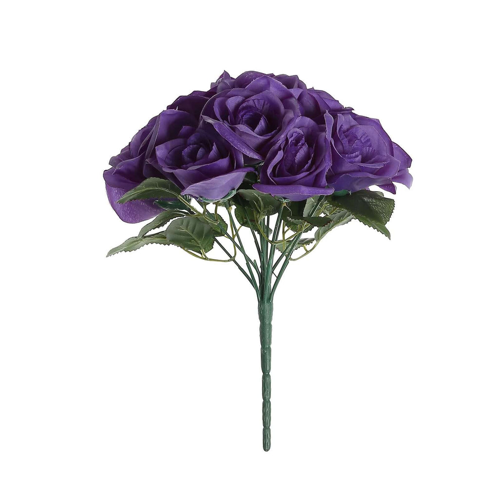 12" Purple Artificial Velvet-Like Fabric Rose Flower Bouquet Bush
