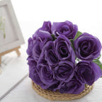 12" Purple Artificial Velvet-Like Fabric Rose Flower Bouquet Bush