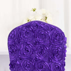 Satin Rosette Chair Cover for Banquet Chairs Purple - Stretch Fitted Slip-On Slipcover