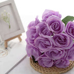 12" Lavender Lilac Artificial Velvet-Like Fabric Rose Flower Bouquet Bush