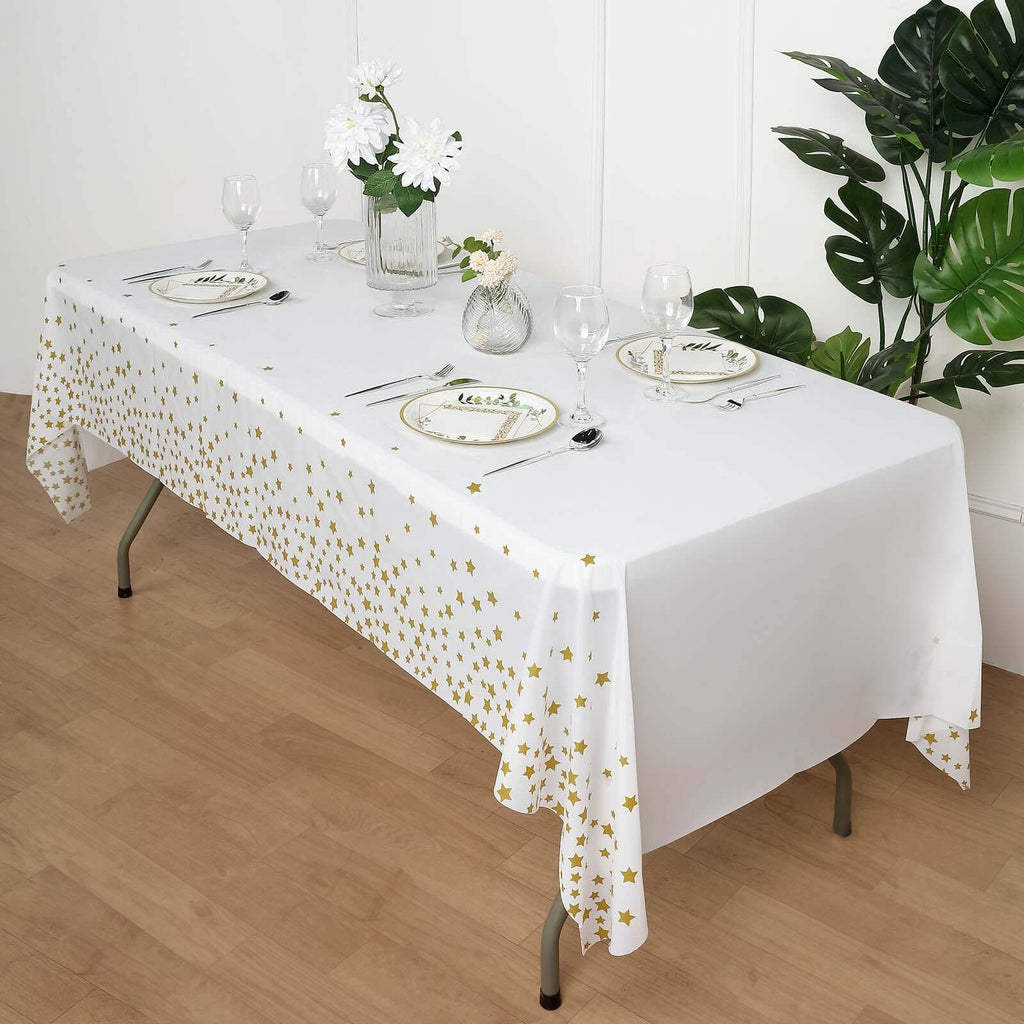 5-Pack Plastic Table Covers White Rectangle with Gold Stars - Decorative PVC Disposable Tablecloths 54"x108"