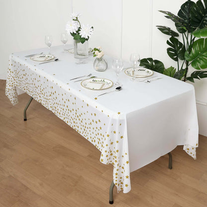 5-Pack Plastic Table Covers White Rectangle with Gold Stars - Decorative PVC Disposable Tablecloths 54"x108"