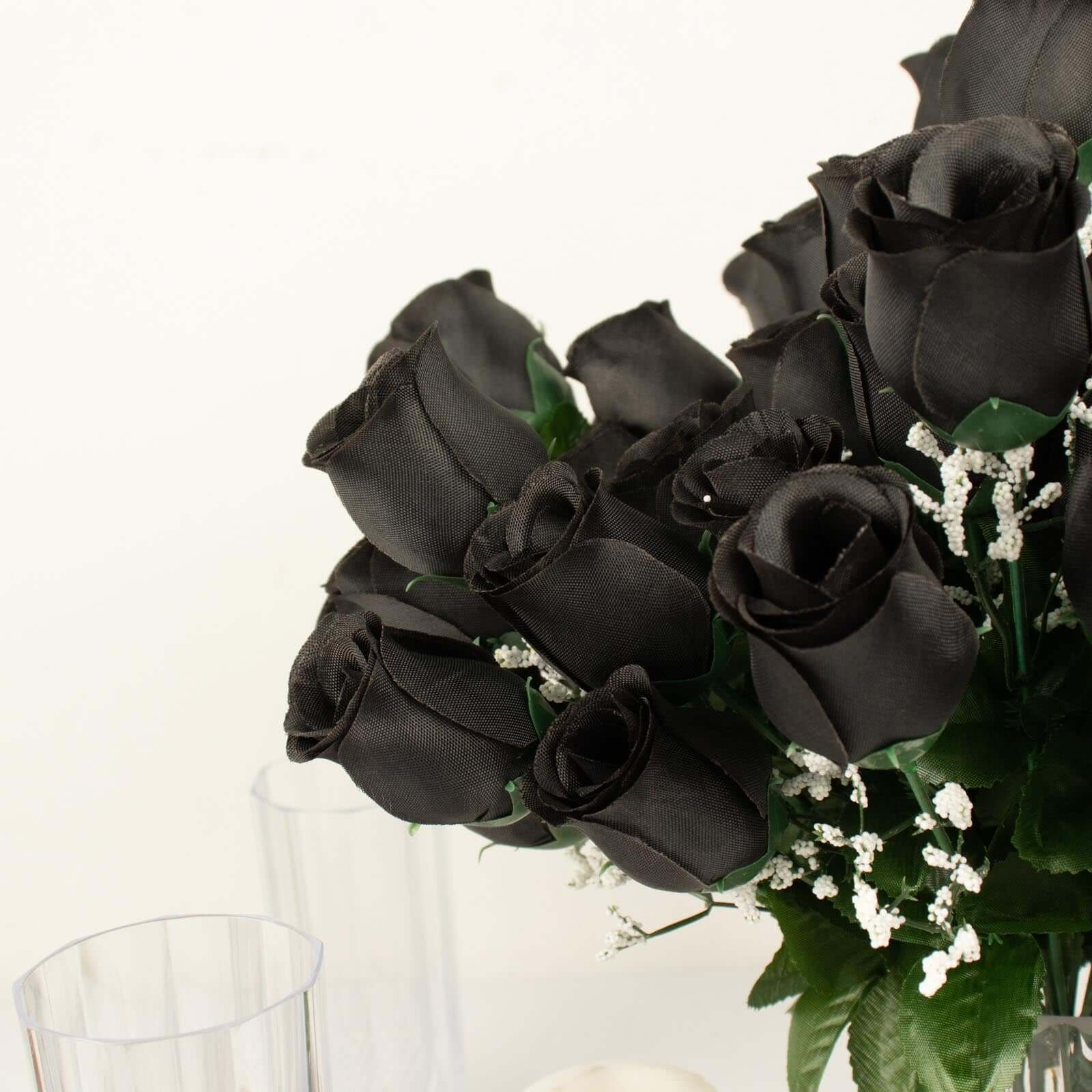 12 Bushes Black Artificial Premium Silk Flower Rose Bud Bouquets