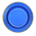 25-Pack Paper 10" Round Dinner Plates in Royal Blue Sunray Design with Gold Rim - Disposable Heavy Duty 350GSM Party Plates