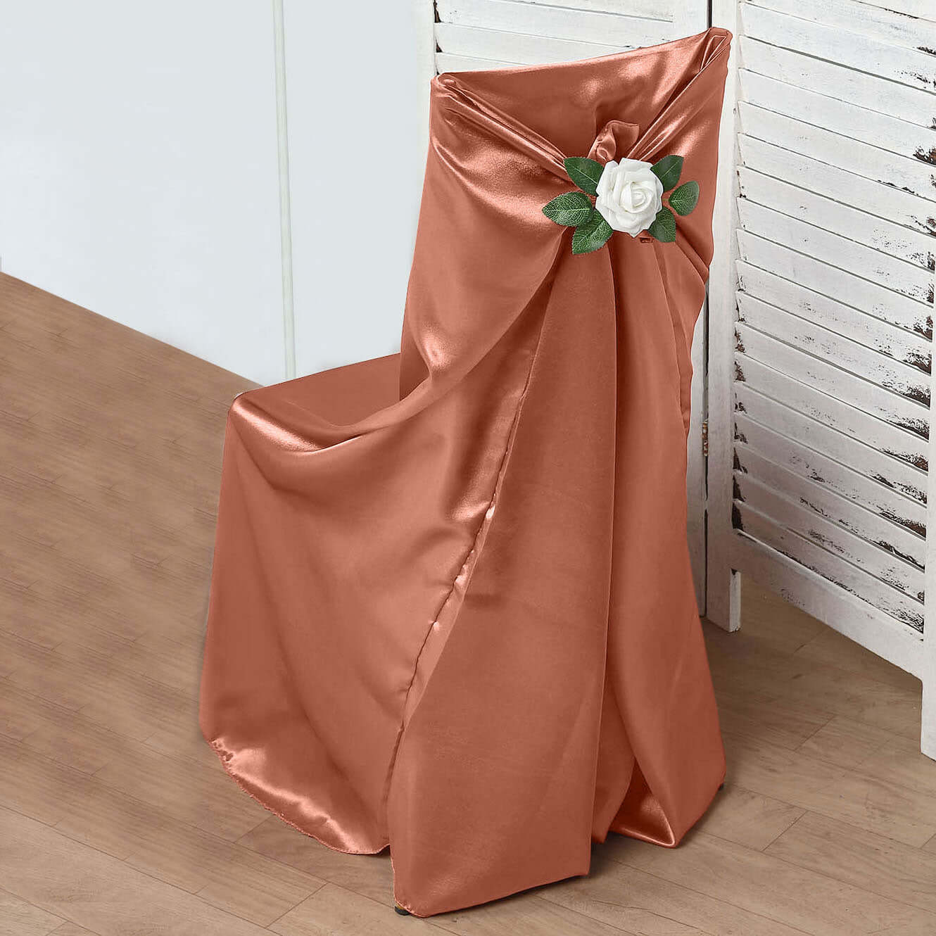 Satin Chair Cover Self-Tie Universal Design Terracotta (Rust) - Durable Slip-On Cover for Folding, Dining, Banquet & Standard Chairs