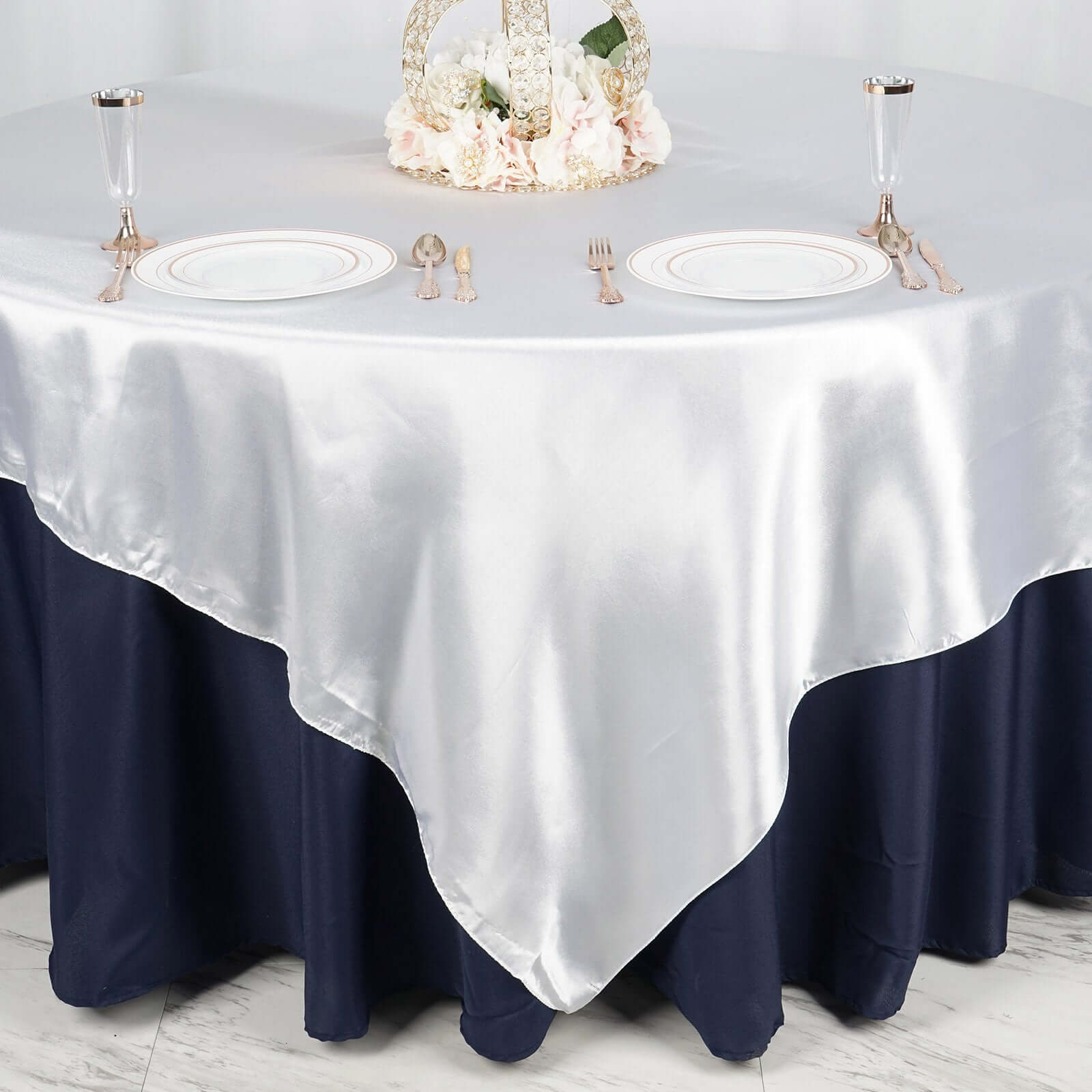 Satin 90"x90" Table Overlay Square Tablecloth White - Smooth Finish for Luxurious Events