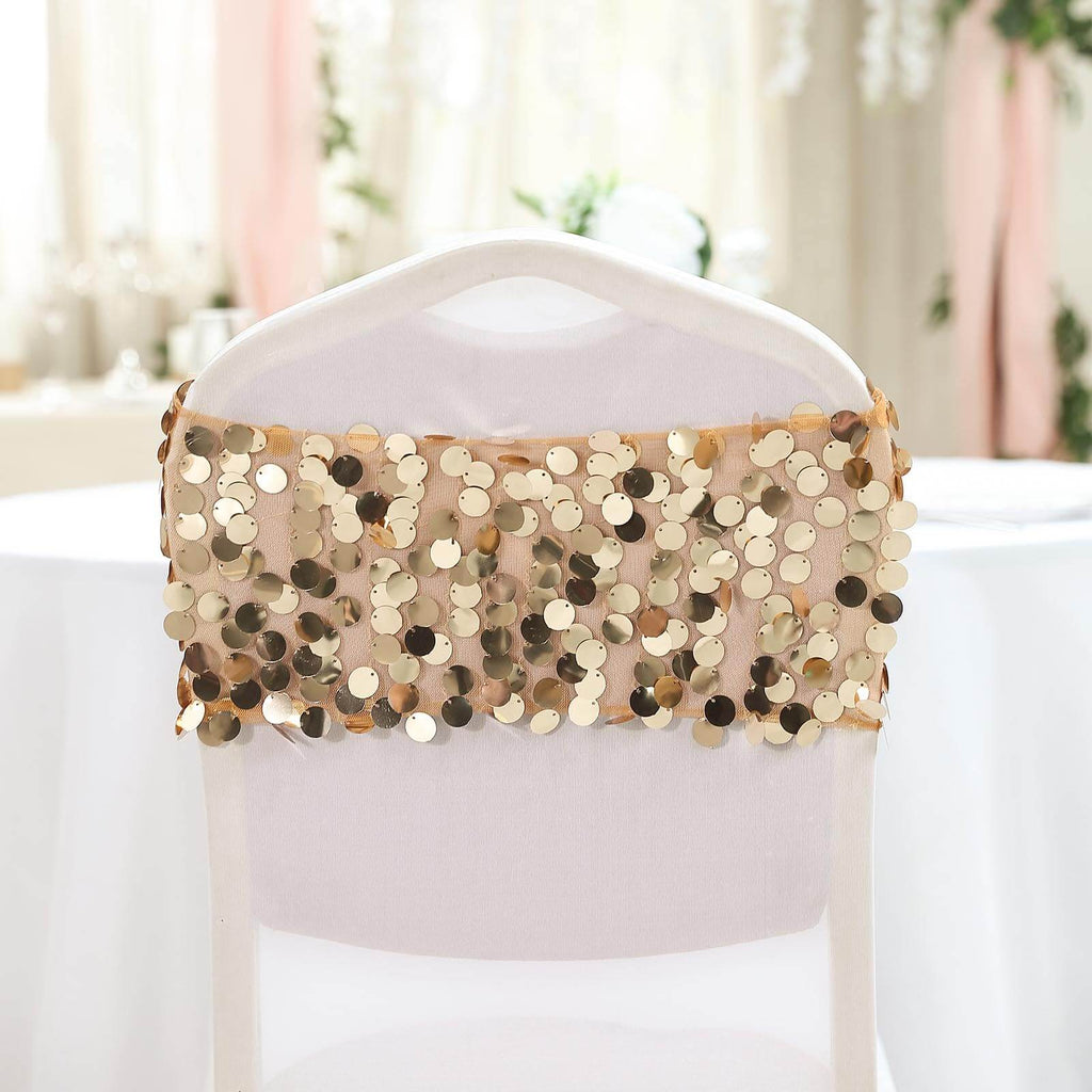 5 Pack Big Payette Sequin 13"x10" Chair Sash Bands Gold - Stylish Glittering Decor for Weddings & Gatherings