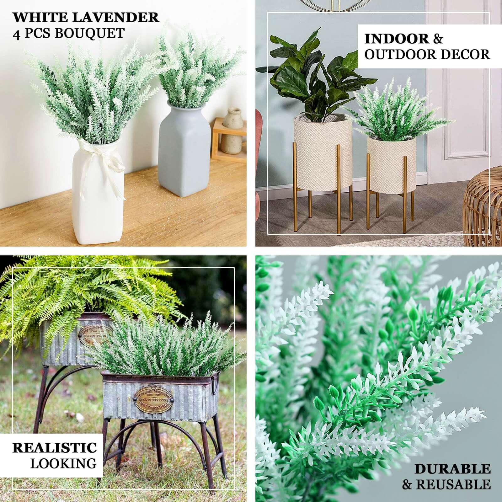 4 Bushes 14" Green White Artificial Lavender Flower Plant Stems Greenery
