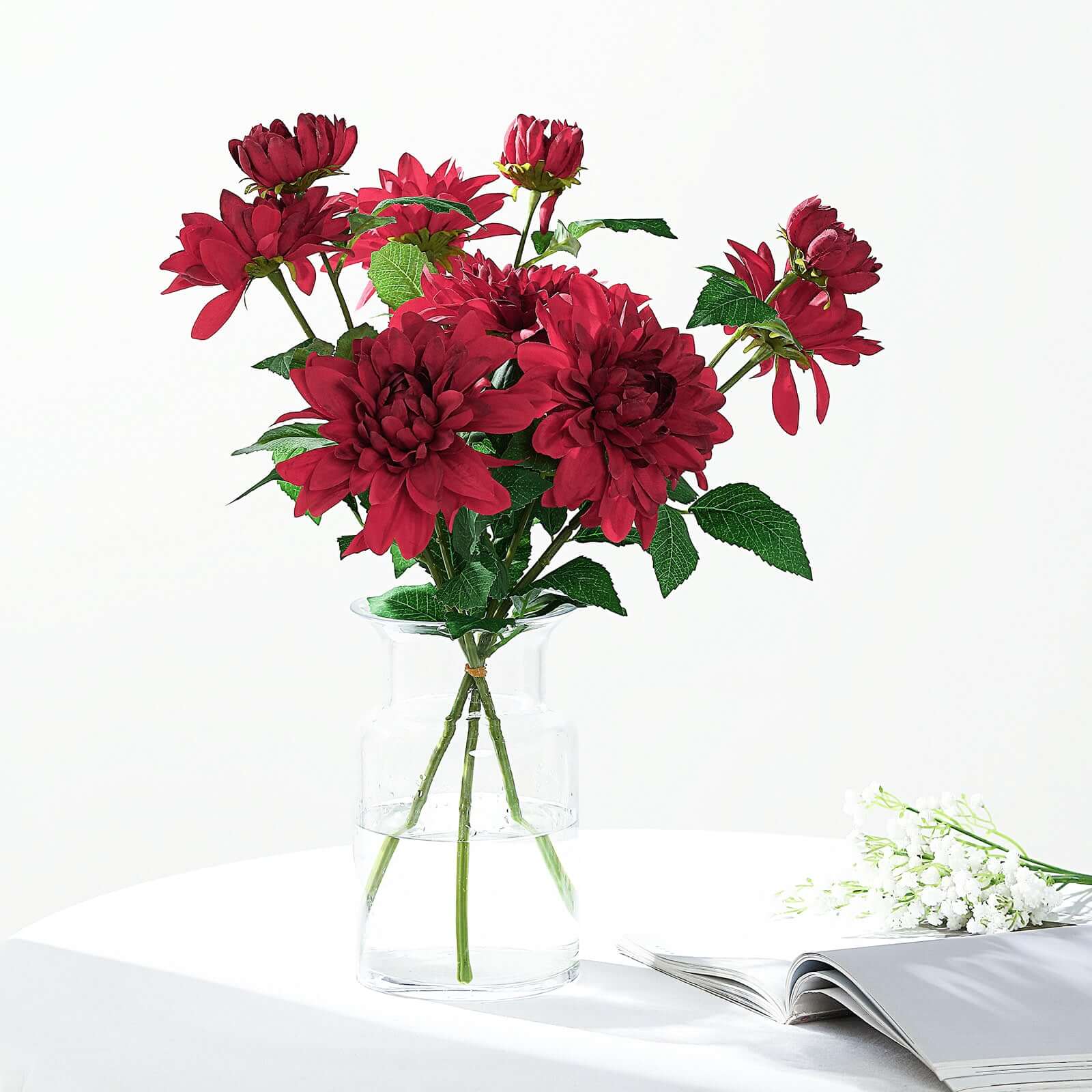 30" Tall Burgundy Artificial Dahlia Silk Flower Stems, Faux Floral Spray