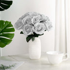 12" Silver Artificial Velvet-Like Fabric Rose Flower Bouquet Bush