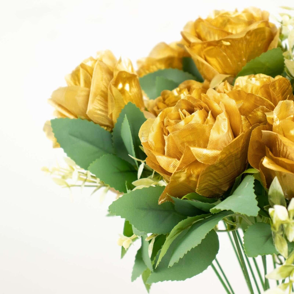 2 Bushes 18" Real Touch Gold Artificial Rose Flower Bouquet, Silk Long Stem Flower Arrangements