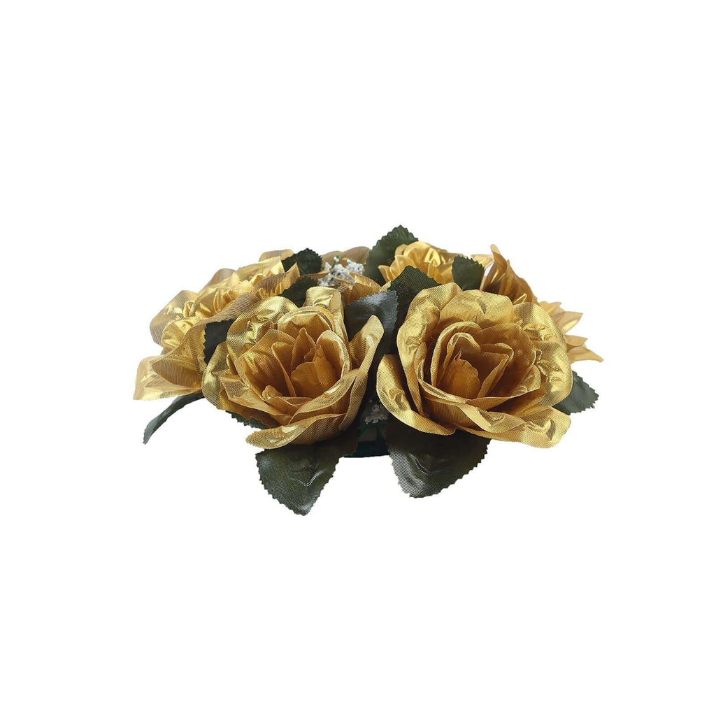 4 Pack 3" Gold Artificial Silk Rose Flower Candle Ring Wreaths