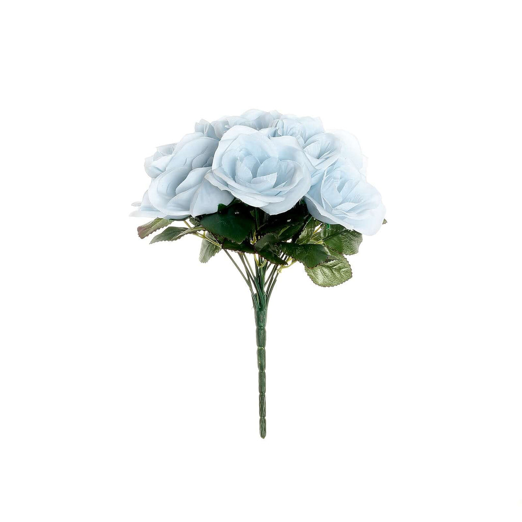 12" Ice Blue Artificial Velvet-Like Fabric Rose Flower Bouquet Bush