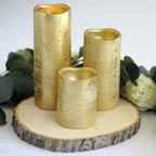 Set of 3 LED Flameless Pillar Candles Remote Operated Metallic Gold - Battery Powered 4", 6", 8"