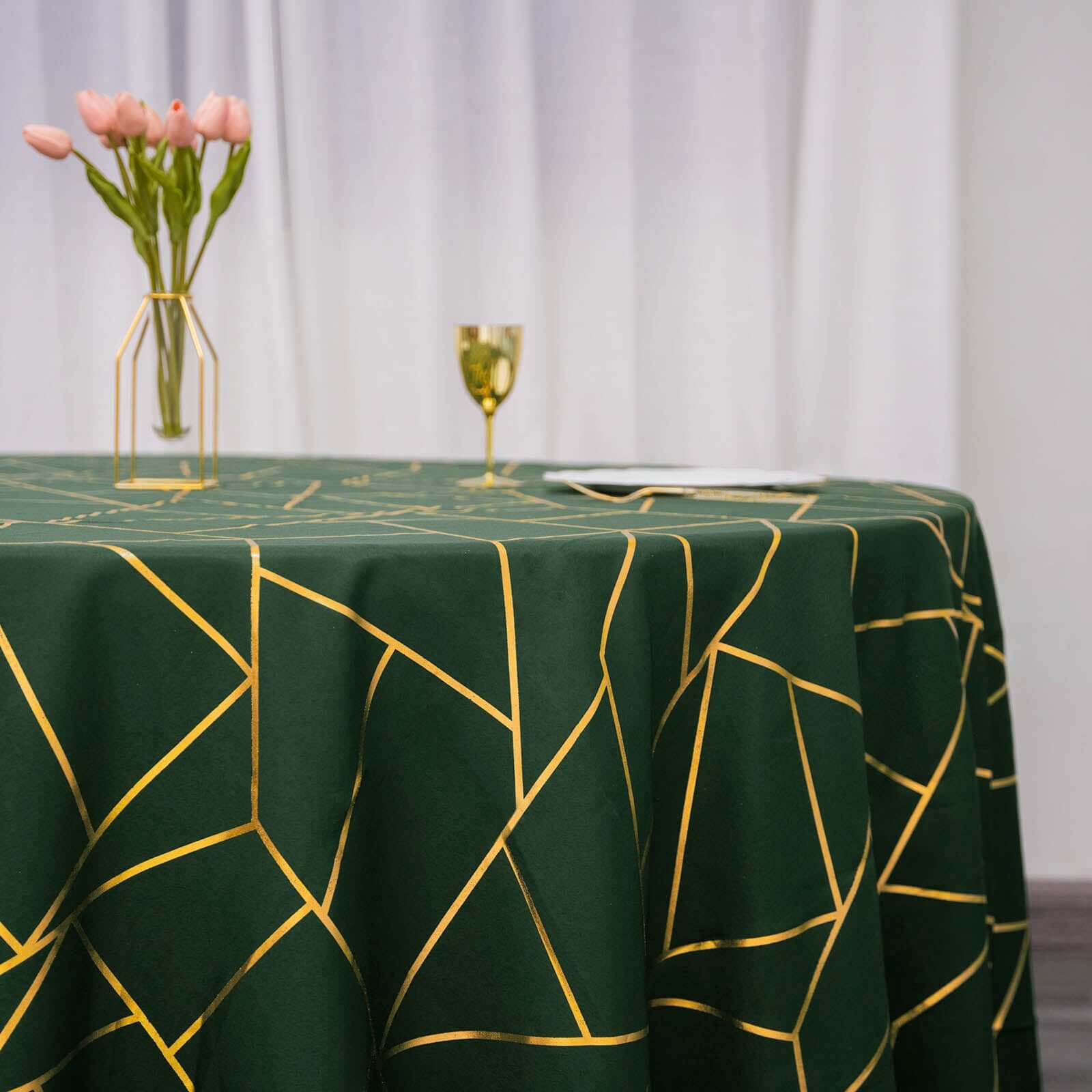 Polyester 120" Round Tablecloth Hunter Emerald Green with Gold Foil Geometric Pattern Wrinkle-Resistant Seamless Table Cover