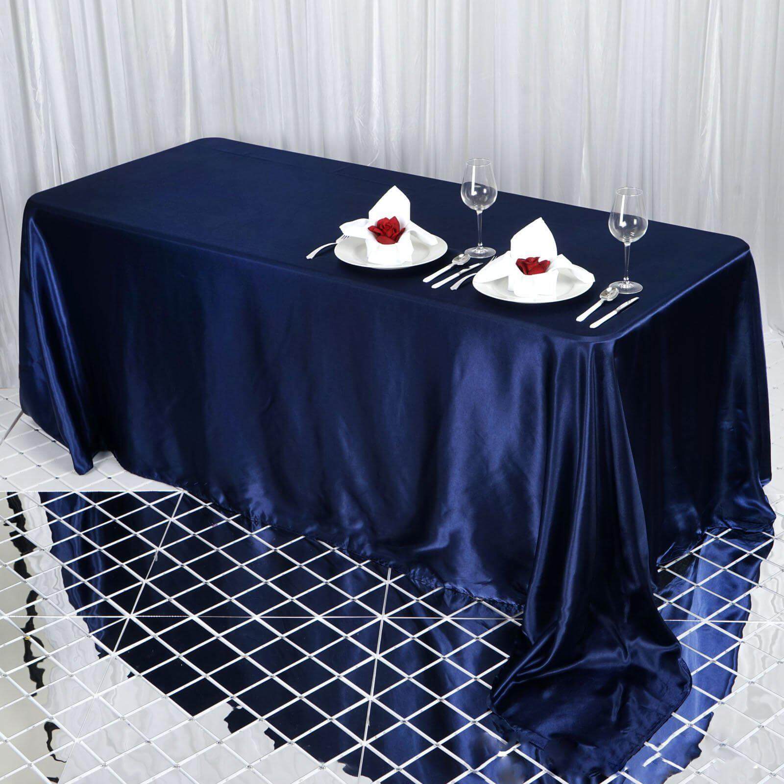 Satin Rectangular 90"x132" Tablecloth Navy Blue - Seamless Table Cover
