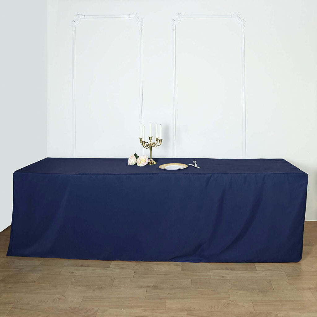 Fitted Polyester 96"x30" Rectangle Tablecloth Navy Blue - Durable and Easy to Maintain Table Cover