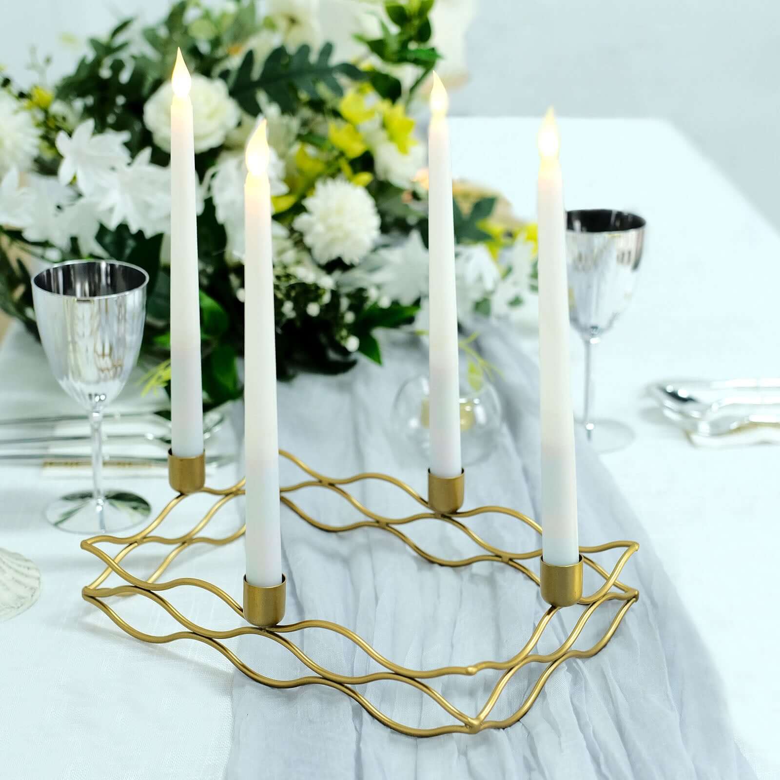 Rectangular Taper Wreath Candelabra 4 Arm Gold Metal Candle Holder Centerpiece - Stylish Wedding Decor 12"x8" - Bell Racket Store