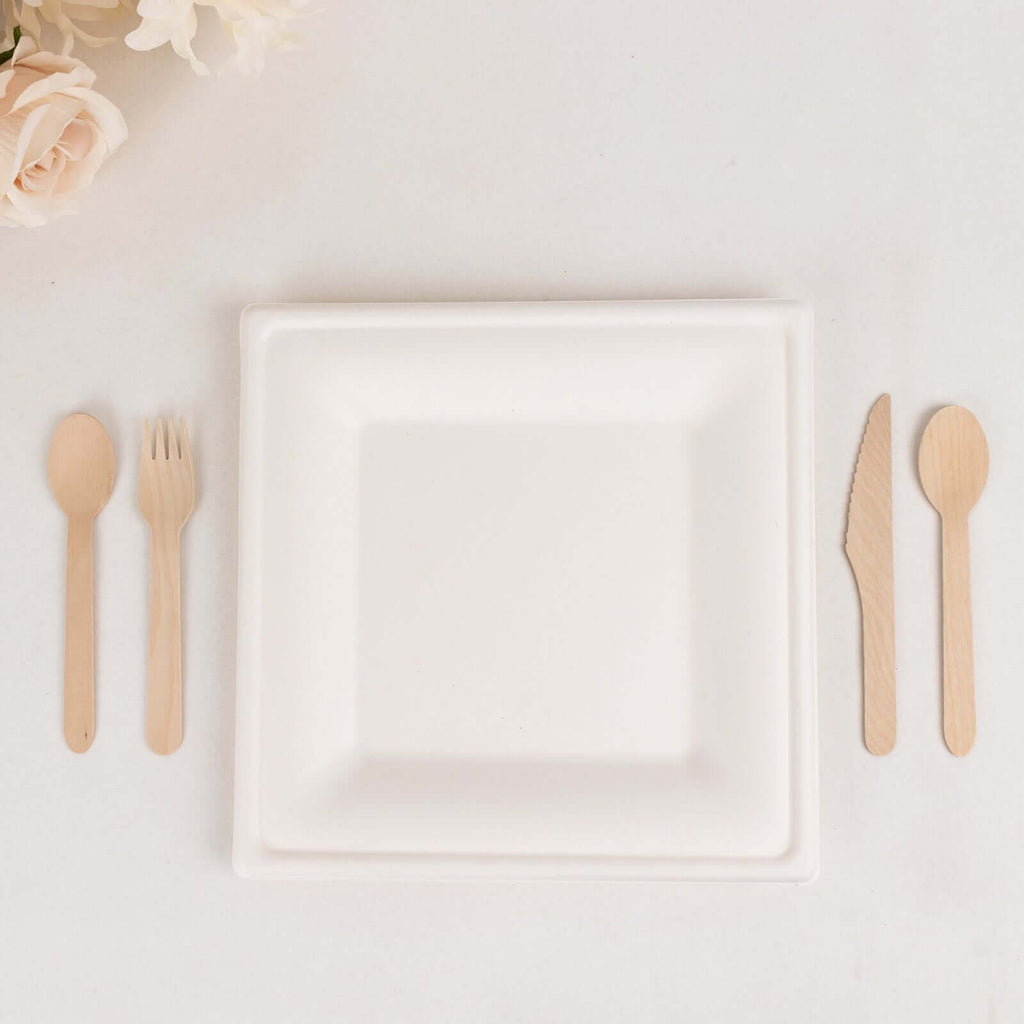 50-Pack Bagasse 10" Square Dinner Plates in White with Wide Rim - Eco Friendly Biodegradable Sugarcane Party Plates for Events