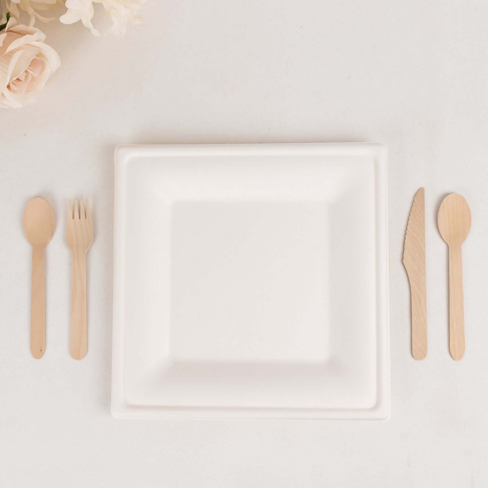 50-Pack Bagasse 10" Square Dinner Plates in White with Wide Rim - Eco Friendly Biodegradable Sugarcane Party Plates for Events