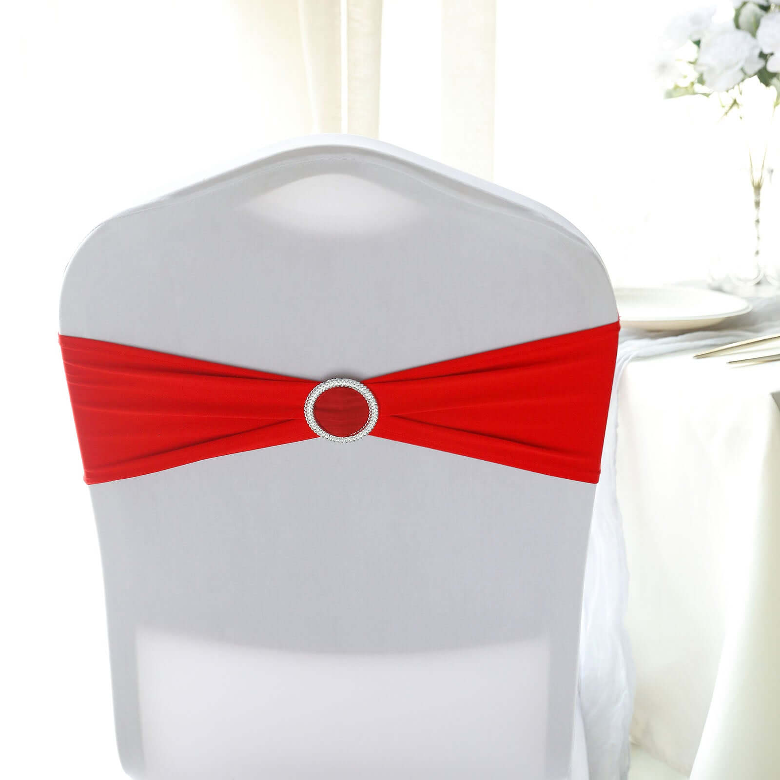 5 Pack Stretch Spandex Chair Sashes Red - Reusable Chair Bands with Silver Diamond Ring Slide Buckle 5"x14"
