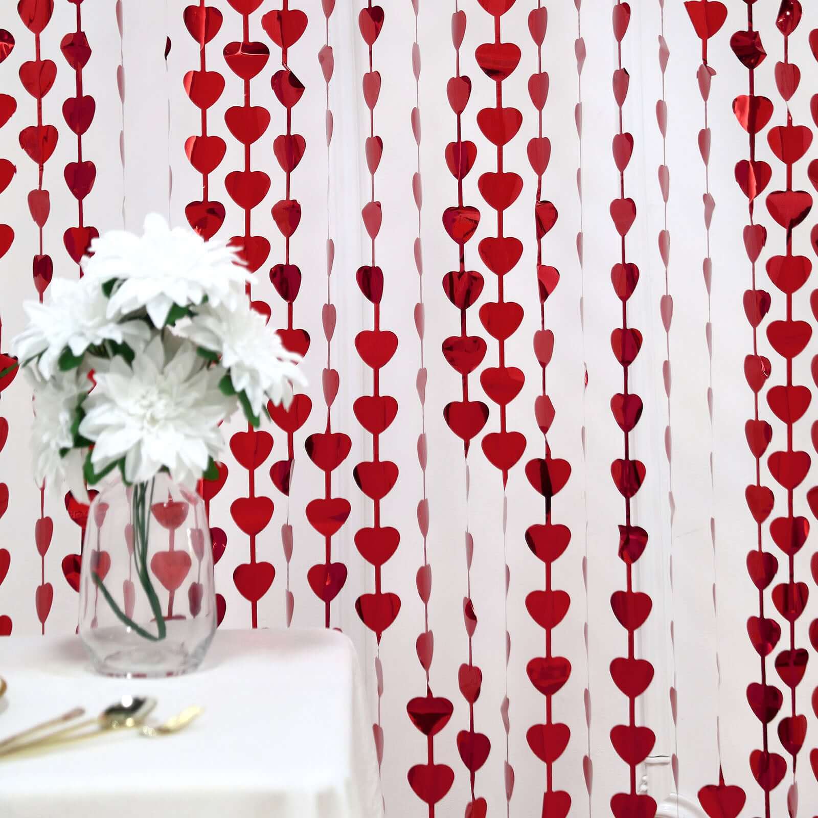 Red Heart Chain Foil Fringe Curtain Party Backdrop, Metallic Red Tinsel Streamer Party Decor - Door Window Foil Curtain - 3ftx6.5ft - Bell Racket Store