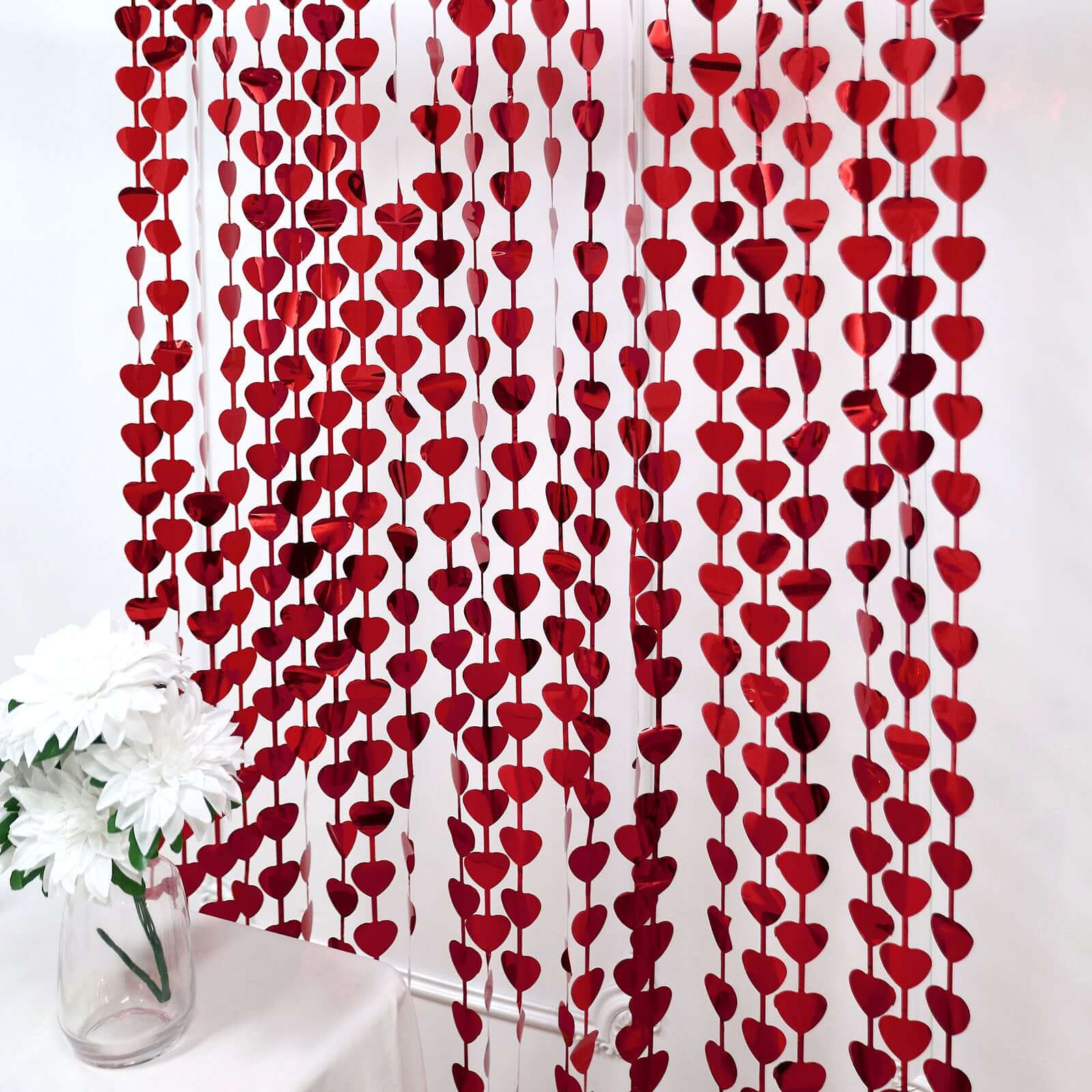 Red Heart Chain Foil Fringe Curtain Party Backdrop, Metallic Red Tinsel Streamer Party Decor - Door Window Foil Curtain - 3ftx6.5ft - Bell Racket Store